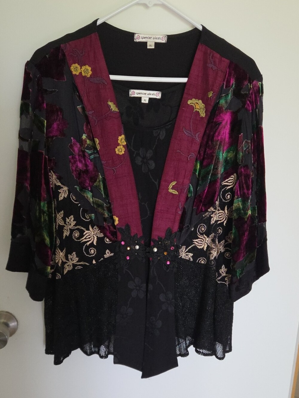 Black Velvet Floral Open-Front Blouse with Plum Trim And Matching Tank